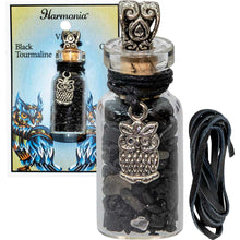 Charger l'image dans la galerie, COLLIER BOUTEILLE AVEC PEPITES TOURMALINE ET HIBOU