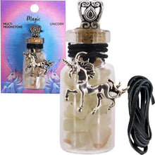 Charger l'image dans la galerie, COLLIER BOUTEILLE AVEC PEPITES PIERRE DE LUNE MULTI ET LICORNE