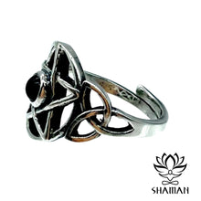 Charger l'image dans la galerie, Bague Avec Pierre Onyx Noir Et Pentacle Ajustable Bague