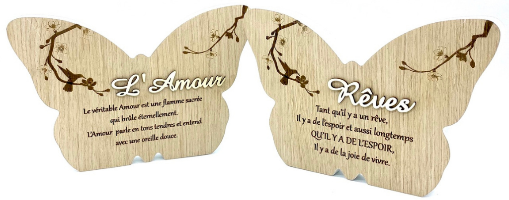 Plaque de Bois en Forme de Papillon avec Petites Pensées