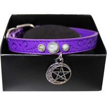 Charger l&#39;image dans la galerie, COLLIER CHAT/CHIEN CUIR VEG LUNE &amp; PENTACLE-PETIT 9.5″L(CR)
