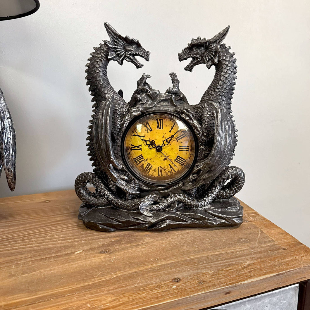 Horloge de cheminée antique à double dragon maléfique pour table ou bureau