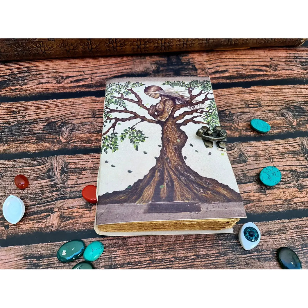 Journal intime à reliure en cuir vintage avec imprimé Arbre de vie