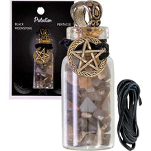 Charger l&#39;image dans la galerie, COLLIER BOUTEILLE AVEC PEPITES PIERRE DE LUNE NOIRE ET PENTACLE
