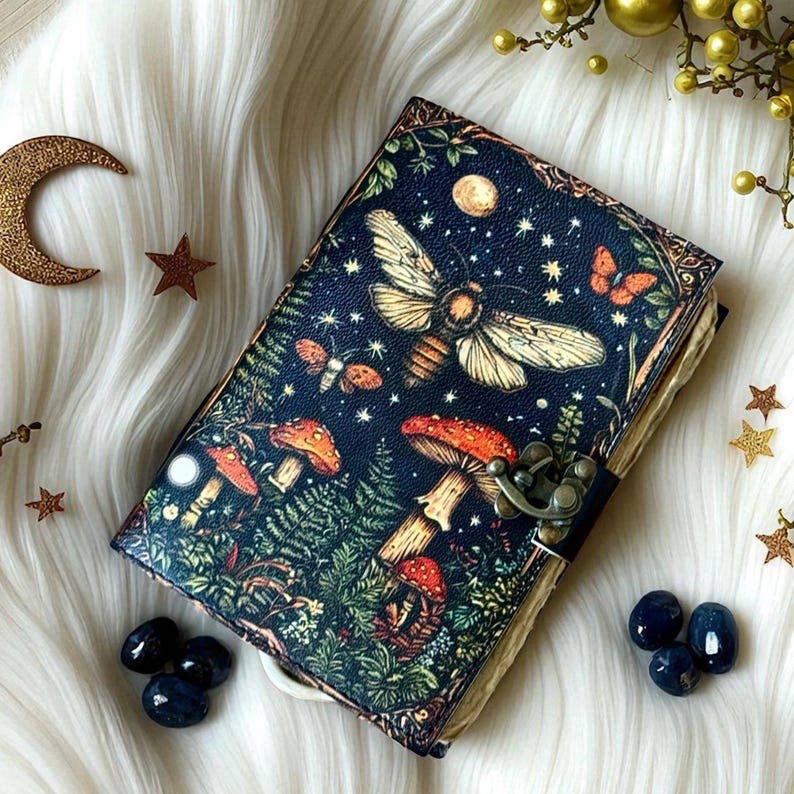 Carnet en cuir vierge vintage avec impression de champignon