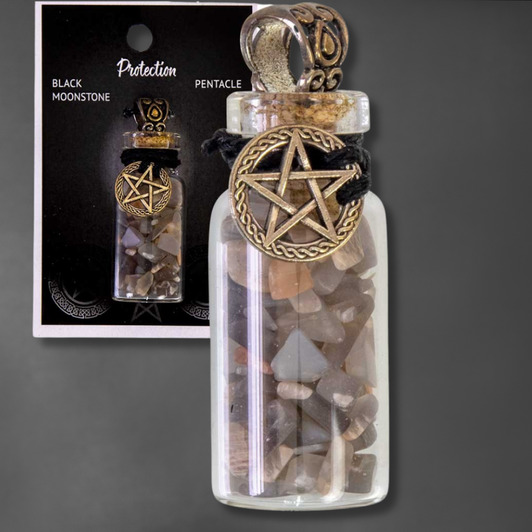 COLLIER BOUTEILLE AVEC PEPITES PIERRE DE LUNE NOIRE ET PENTACLE
