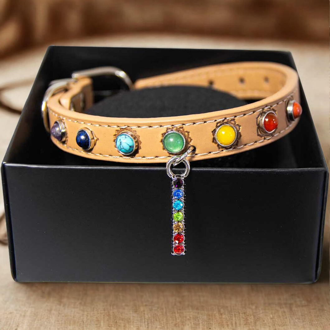 COLLIER CHAT/CHIEN CUIR VEG CHAT/CHIEN-7 CHAKRAS-PETIT 9.5″L