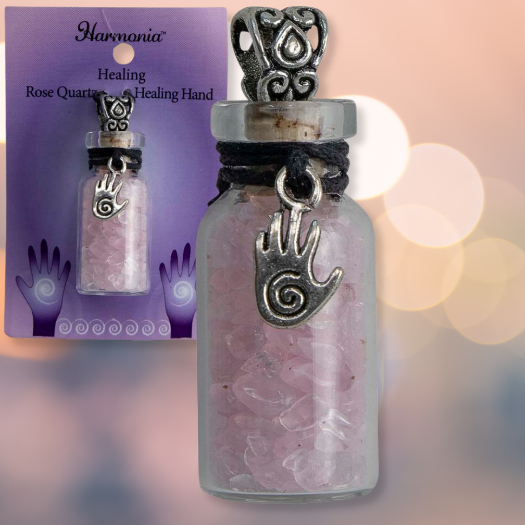 COLLIER BOUTEILLE AVEC QUARTZ ROSE ET MAIN GUERISON