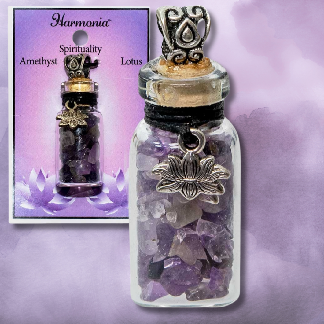 COLLIER BOUTEILLE AVEC PEPITES D'AMETHYSTE ET LOTUS