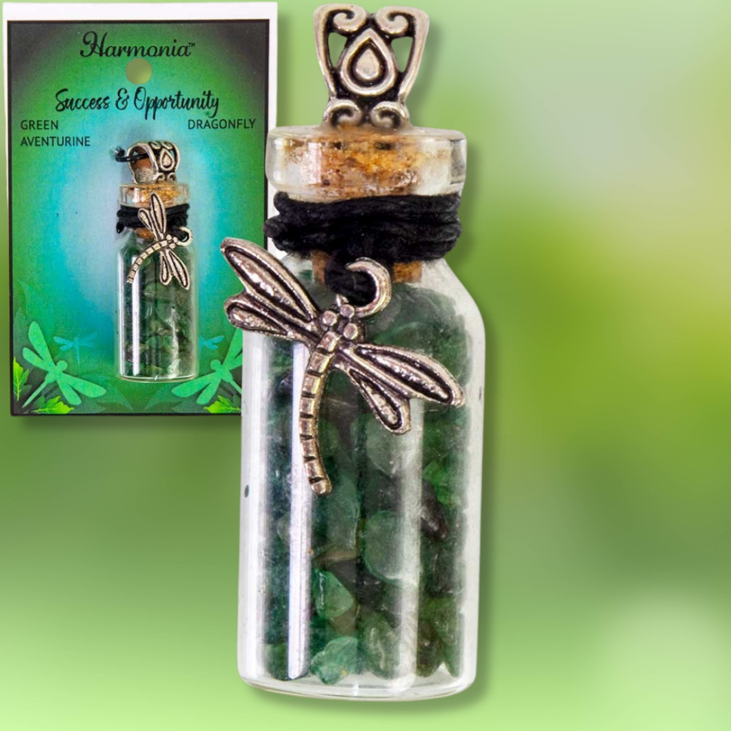 COLLIER BOUTEILLE AVEC PEPITES AVENTURINE ET LIBELLULE