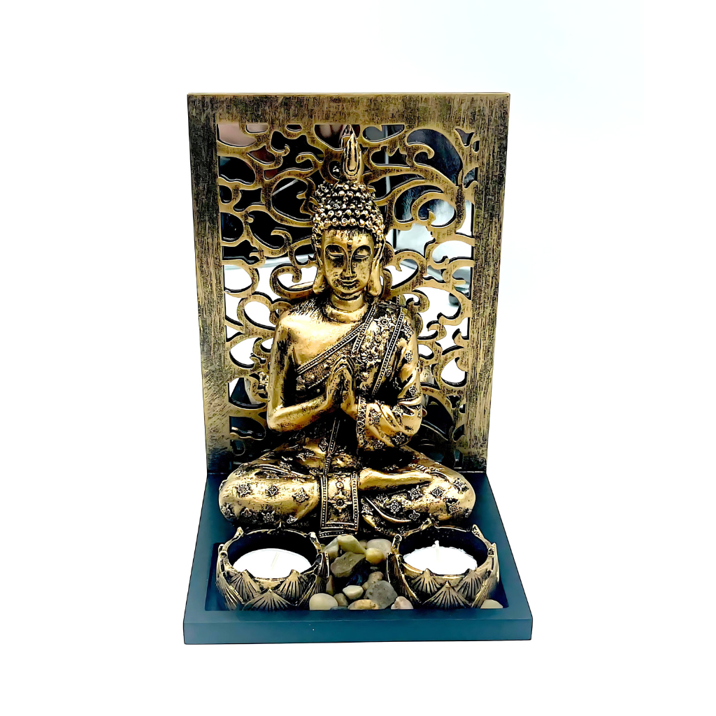 BOUDDHA  AVEC MIROIR 6,30″L X 5,90″P X 8,65″H