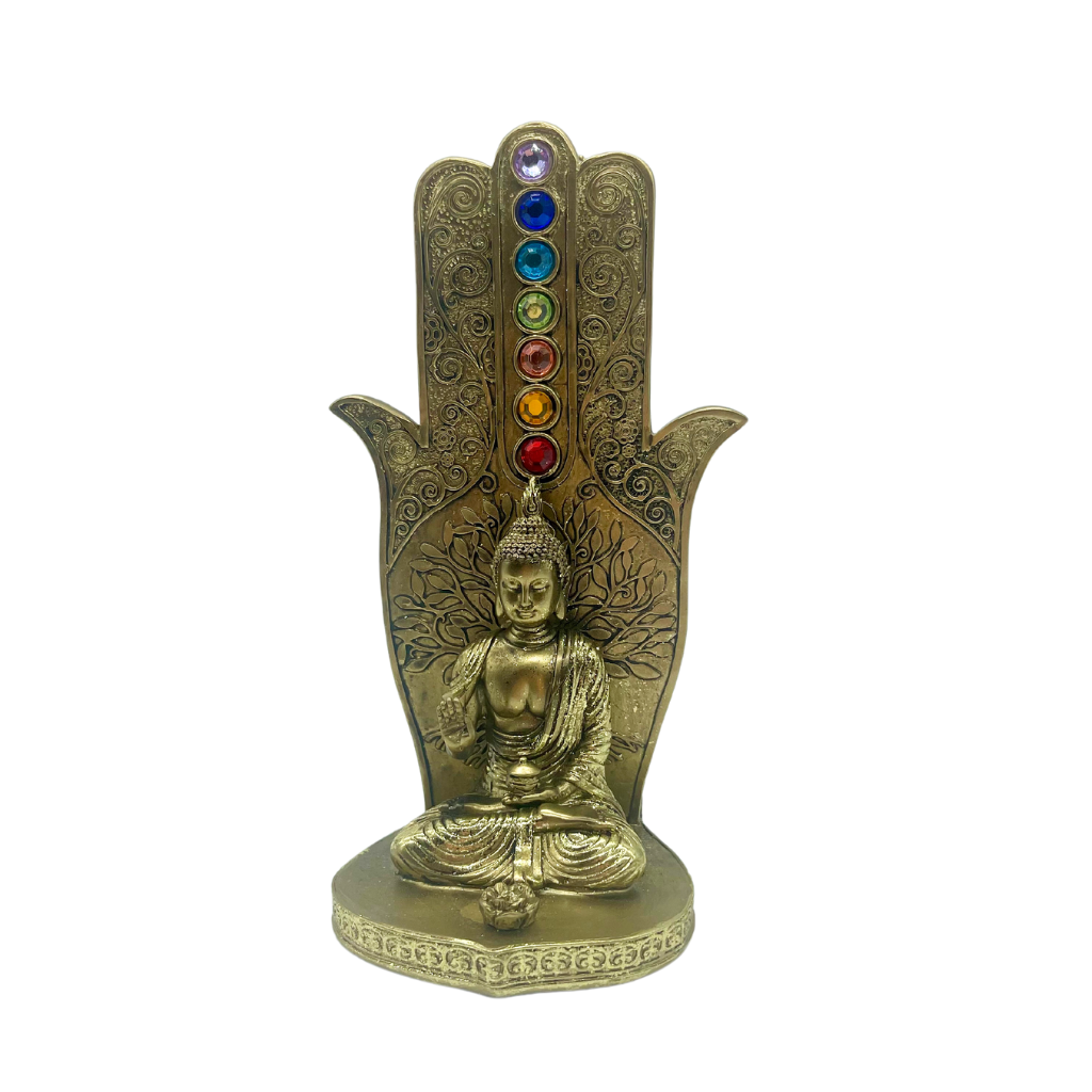 BOUDDHA, PORTE-ENCENS À MAIN EN FORME DE CHAKRA DORÉ, 4 