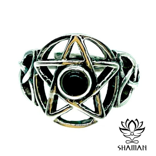 Bague Avec Pierre Onyx Noir Et Pentacle Ajustable Bague