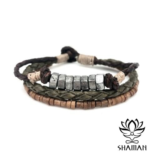 Bracelet Homme En Cuir Tressé Perles Bois Et Argent Aadi Bracelet