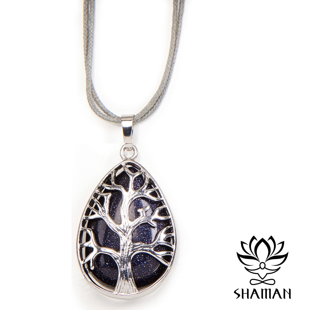 Collier Arbre De Vie En Alliage Zinc Avec Goldstone Bleue Pendentif Pierre