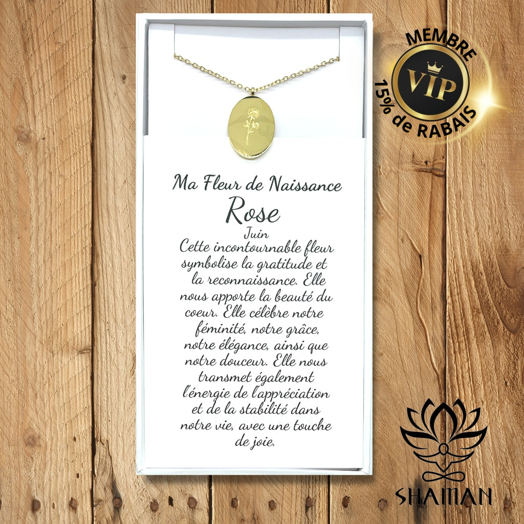 Ma Fleur De Naissance Rose (Juin) Plaqué Or 18K Pendentif Fleur Naissance Shaman