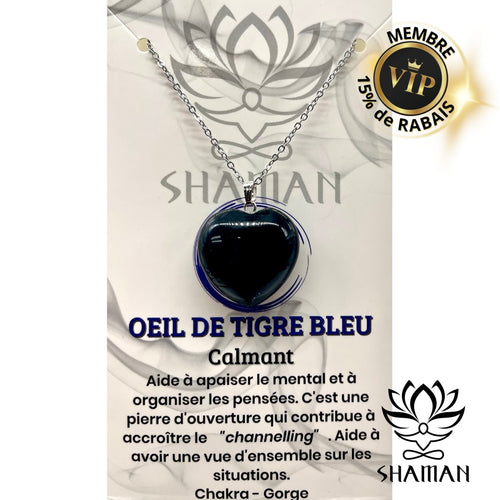 Oeil De Tigre Bleu Coeur Sur Chaine Pendentifs Shaman