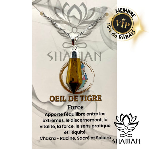 Oeil De Tigre En Pointe Diamant Sur Chaine Pendentifs Shaman