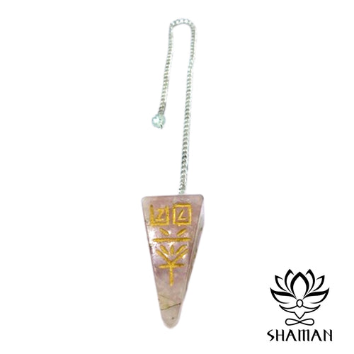 Pendule Hexagonale En Quartz Rose Avec Les Symboles De Reiki