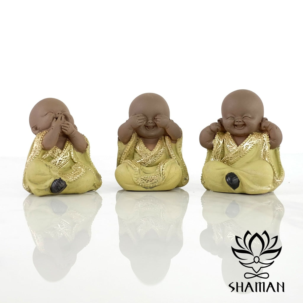 Petit Trio Bébés Moines Jaune Et Or Bouddha